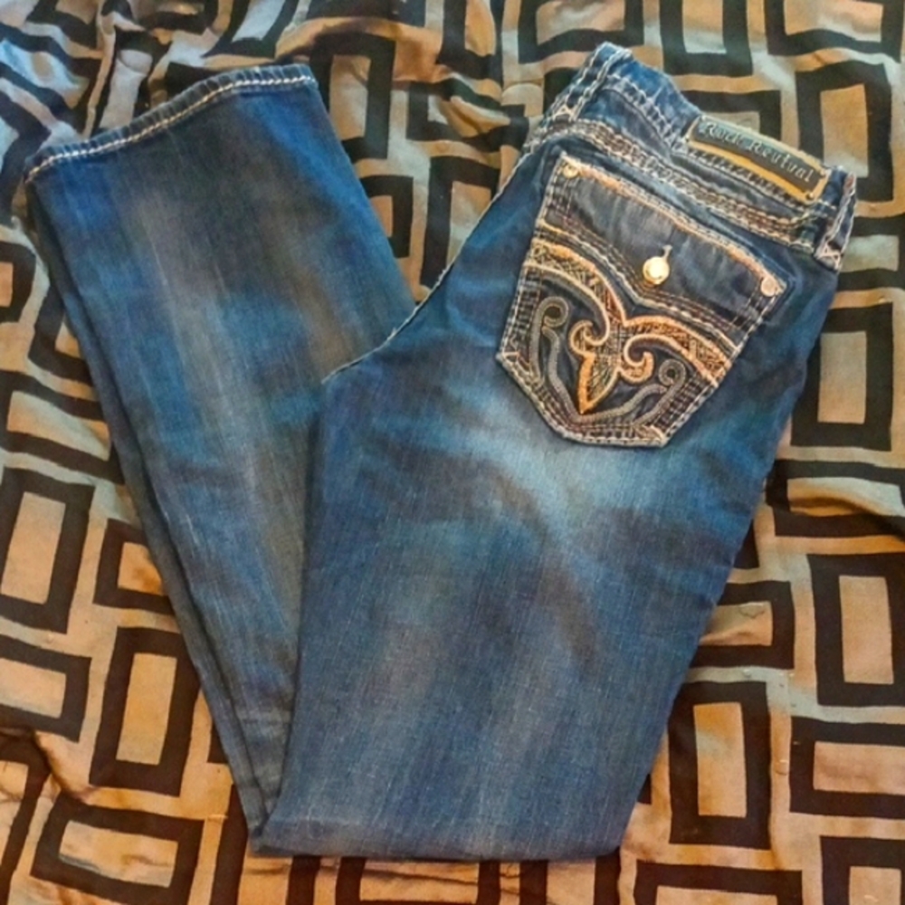 Rock Revival Blue Boot Cut Jeans with Decorative Stitching